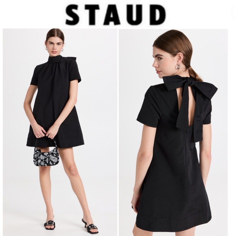 STAUD Black Mini Dress with Bow Detail